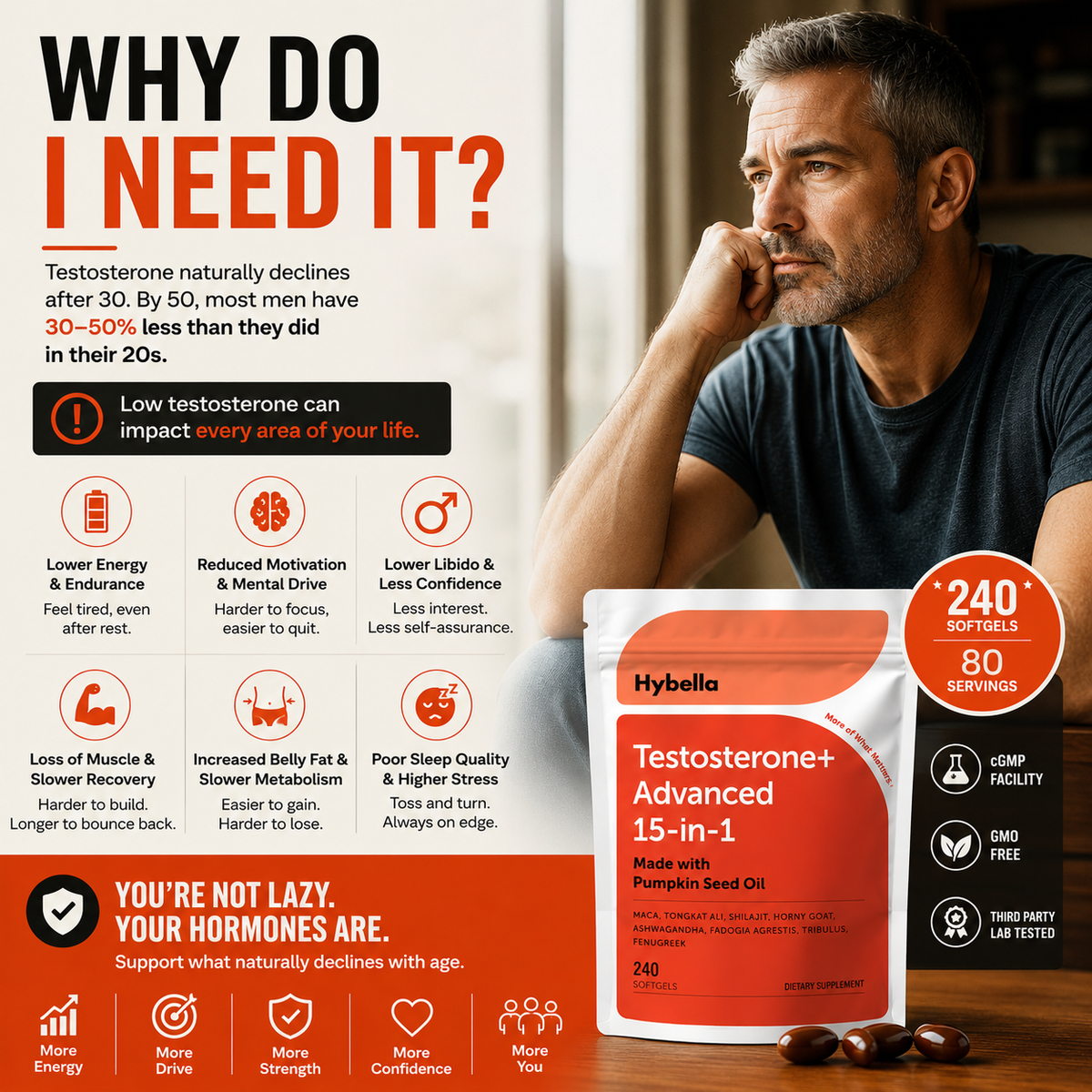 Hybella Testosterone+ Advanced 240 Softgels | 15-in-1 Complex with Tongkat Ali, Horny Goat Weed, Shilajit, Maca & Saw Palmetto | Non-GMO
