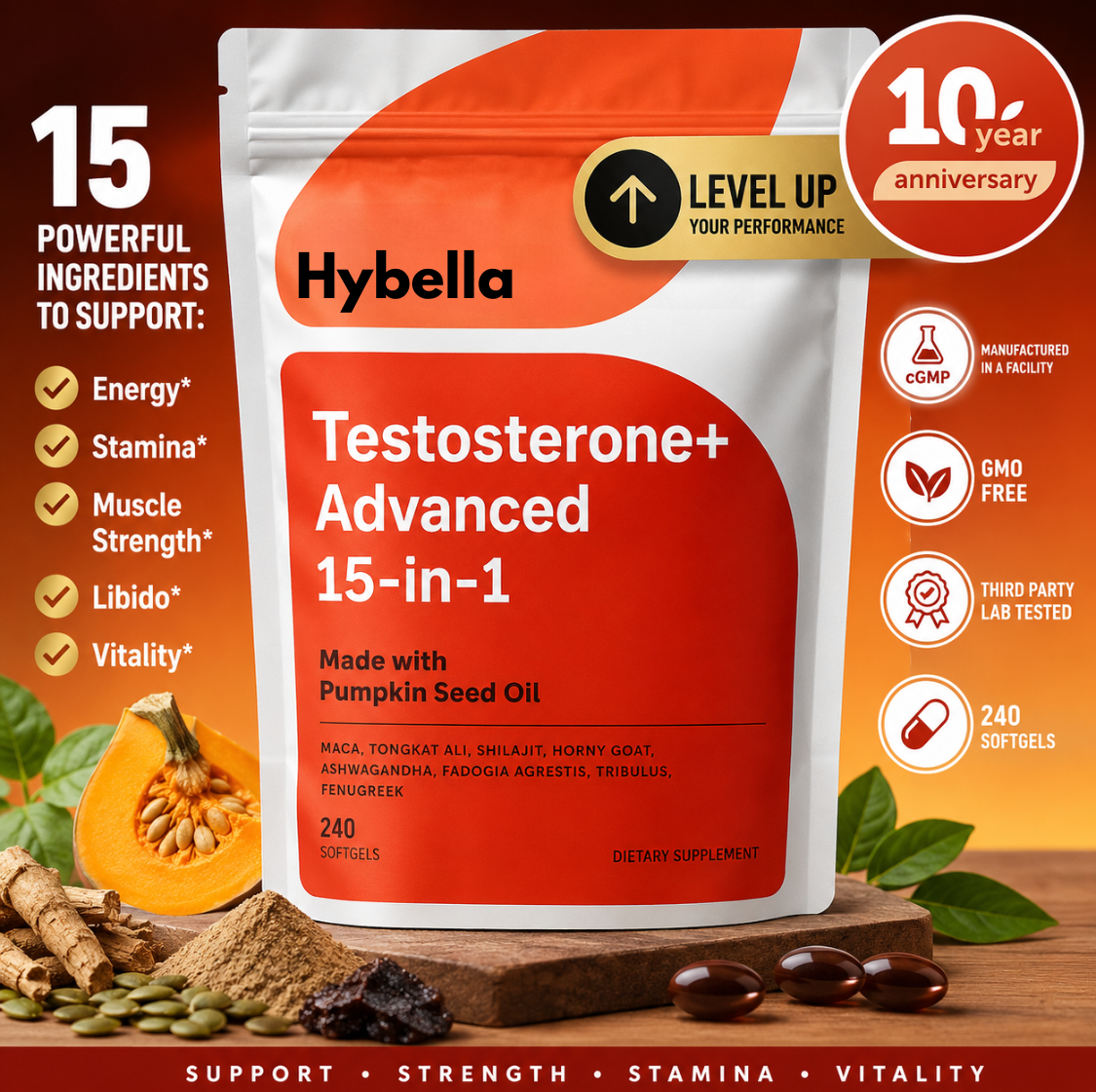 Hybella Testosterone+ Advanced 240 Softgels | 15-in-1 Complex with Tongkat Ali, Horny Goat Weed, Shilajit, Maca & Saw Palmetto | Non-GMO