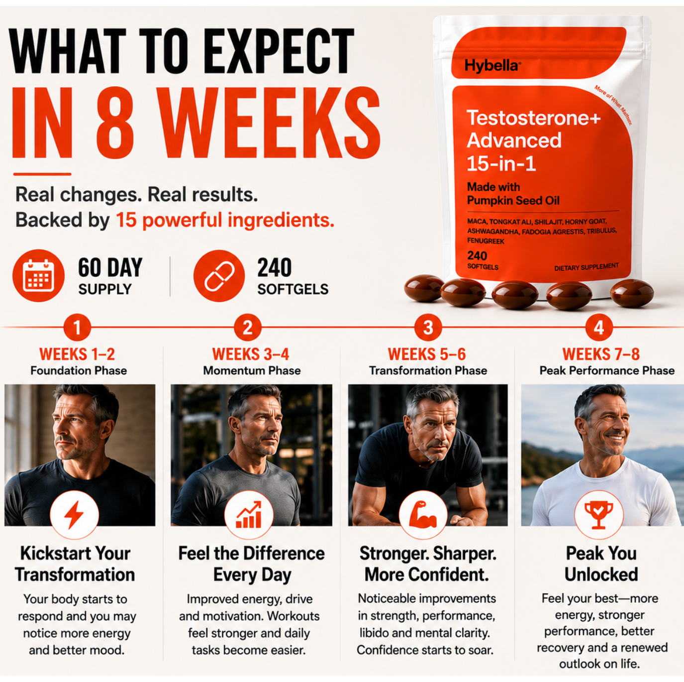 Hybella Testosterone+ Advanced 240 Softgels | 15-in-1 Complex with Tongkat Ali, Horny Goat Weed, Shilajit, Maca & Saw Palmetto | Non-GMO