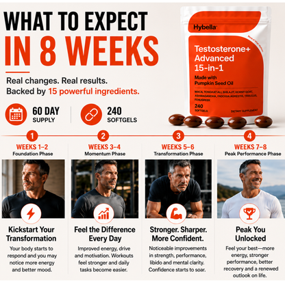 Hybella Testosterone+ Advanced 240 Softgels | 15-in-1 Complex with Tongkat Ali, Horny Goat Weed, Shilajit, Maca & Saw Palmetto | Non-GMO