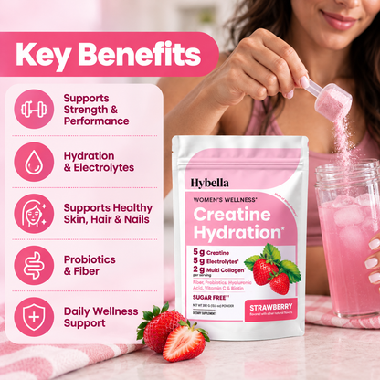 Hybella Creatine Hydration for Women | Strength, Hydration + Beauty Support | Strawberry Flavor