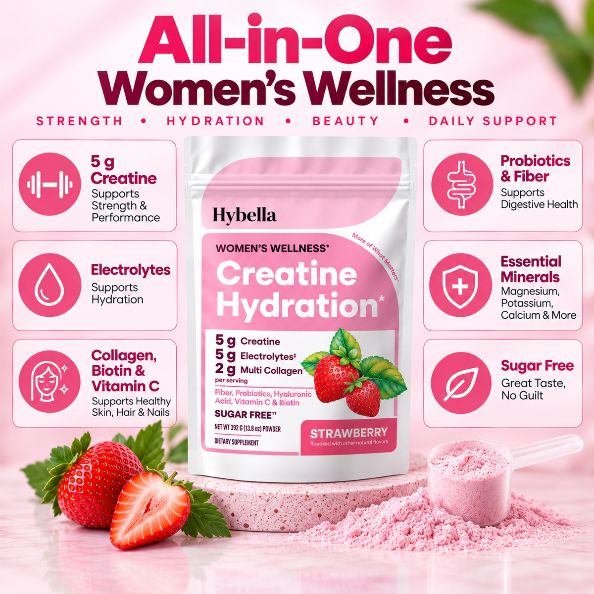 Hybella Creatine Hydration for Women | Strength, Hydration + Beauty Support | Strawberry Flavor