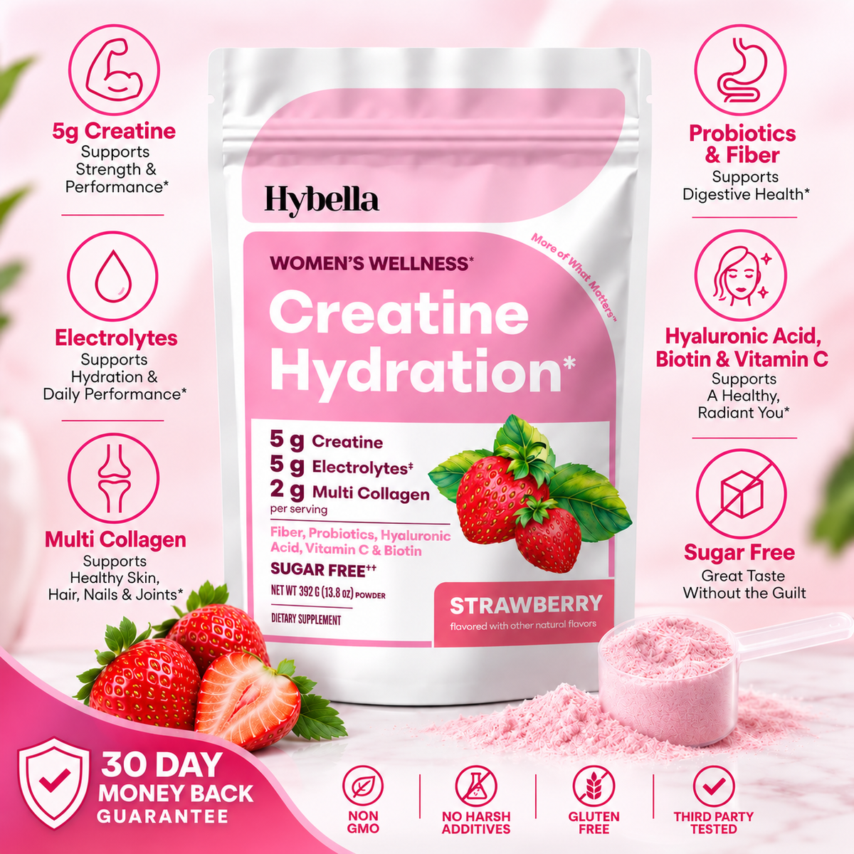 Hybella Creatine Hydration for Women | Strength, Hydration + Beauty Support | Strawberry Flavor
