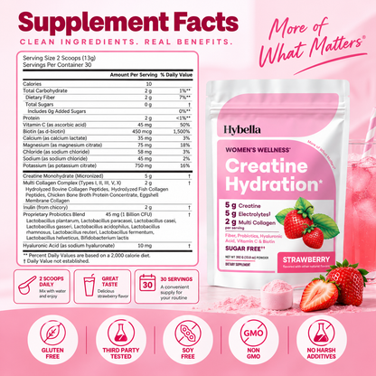 Hybella Creatine Hydration for Women | Strength, Hydration + Beauty Support | Strawberry Flavor